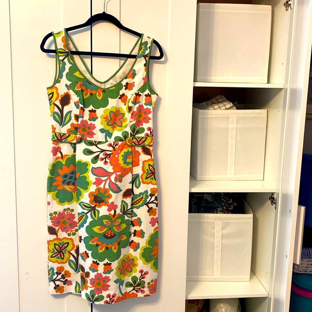 Boden White Green Orange Floral Shift Dress